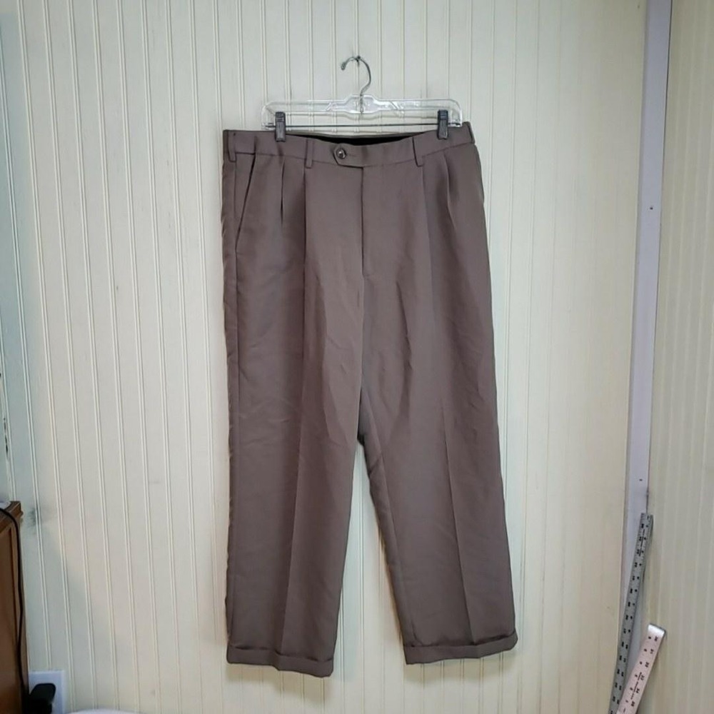 Savane Dress Pants Mens 36x29 Brown Pleated Classic Fit Microfiber Cuffed Slacks